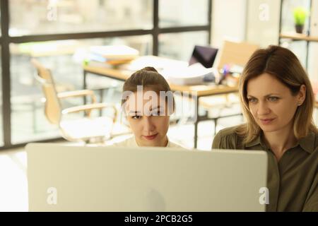 Chef und Manager sehen sich den Computer im Büro an. Stockfoto