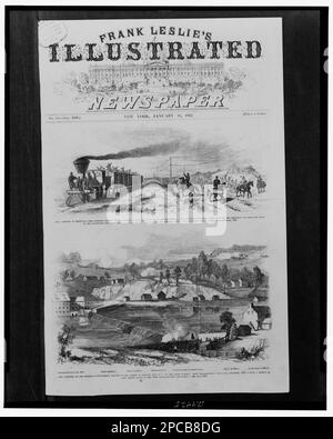 Der Wahlkampf in Kentucky - die Nationaltruppen unter General Johnston ziehen auf der Louisville und Nashville Turnpike voran, überholt von der Ausrüstung und dem Gepäckzug der Louisville und Nashville Railroad / nach einer Skizze unseres Spezialkünstlers unter General Buells Kommando. Die Kampagne auf dem Potomac--erfolgloser Versuch der Rebellen, Damm Nr. zu zerstören 5, auf dem oberen Potomac, in der Nähe von Williamsport, Maryland, Dezember 1861 / auf einer Skizze von Captain Henry Bacon von den 13. Massachusetts Volunteers.. 2 illus. In: Frank Leslies illustrierte Zeitung, 1862. Januar 18, S. 129. Vereinigte Staaten, Geschichte, Stockfoto