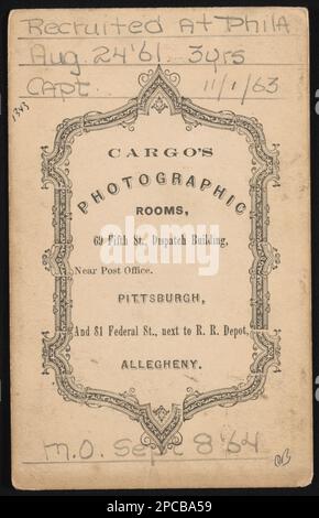 Captain James Monroe Craig von Co Ich, 12. Pennsylvania Infanterie Regiment and Co H, 23. Pennsylvania Infanterie Regiment in Uniform / Cargo's Photographic Rooms, 69 Fifth St., Dispatch Building, Near Post Office, Pittsburgh, Und 81 Federal Street, neben R.R. Depot, Allegheny. Liljenquist Family Sammlung von Bürgerkriegsfotos, pp/liljpaper. Craig, James Monroe, 1840-1899, Usa, Armee, Pennsylvania Infanterie Regiment, 12. (1861), People, United States, Army, Pennsylvania Infanterie Regiment, 23. (1861-1864), People, Soldiers, Union, 1860-1870, Militäruniformen, Union, 1860-1870, Uni Stockfoto