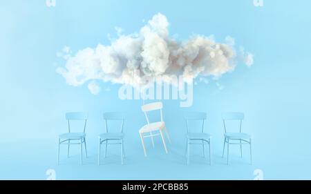 Heben Sie sich von der Masse ab. Der von vielen anderen. Wolke schwebt über einem weißen Stuhl zwischen blauen Stühlen auf pastellfarbenem Himmelshintergrund. Stockfoto