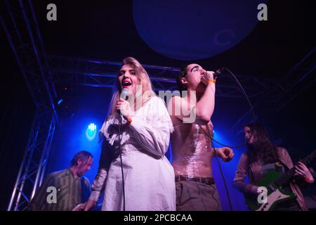 Moonlandingz (Mitglieder der Familie Fat White) spielen am 22. März 2017 im Cluny, Newcastle. Rebecca Taylor (Selbstwertgefühl) schloss sich ihnen an Stockfoto