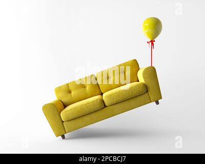 Möbelladen, die Preise sind schwerelos wie ein Ballon. Die abstrakte kreative Idee eines gelben Sofas schwebt um einen Ballon auf weißem Rücken Stockfoto