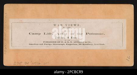 Das Leben im Camp, die Armee des Potomac nimmt es leicht. Titel aus Artikel, wahrscheinlich aus dem Studio von Mathew Brady. E. & H.T. Anthony & Co. Erwarb die Negative wahrscheinlich im Austausch für Fotozubehör, Datum und Ort Informationen aus handgeschriebenen Informationen über das Verso einer übereinstimmenden Stereografik in der digitalen Datenbank der American Antiquarian Society, 509197, Purchase; Russell Norton; 2012; (DLC/PP-2012: 069). Vereinigte Staaten, Armee des Potomac, Volk, 1860-1870, Soldaten, Union, 1860-1870, Usa, Geschichte, Bürgerkrieg, 1861-1865, Militärleben, USA, Geschichte, Bürgerkrieg, 1861-1 Stockfoto