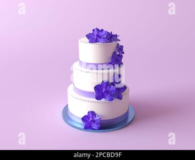 Dreistufige weiße Hochzeitstorte mit blauen Blumen und Seidenstreifen auf pastellrosa Hintergrund. Süßes Bild für das Menü Stockfoto