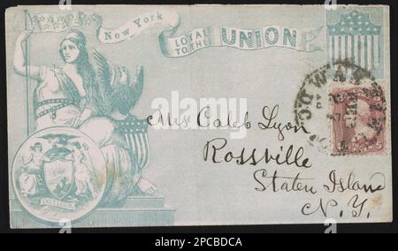 Bürgerkriegsumschlag mit Columbia, Adler, Schild, Staatssiegel von New York und Banner mit der Botschaft „New York loyal zur Union“. Titel entworfen von Bibliothekspersonal, adressiert an Frau Caleb Lyon, Rossville, Staten Island, N. Y.; Bears 3 Cent Stamp; mit Poststempel Washington, D.C., Februar 27, Gift; Tom Liljenquist; 2012; (DLC/PP-2012:127), pp/liljmem. Columbia (symbolisches Zeichen), 1860-1870, Adler, 1860-1870, Symbole, 1860-1870, State Seals, New York (State), 1860-1870, USA, Geschichte, Bürgerkrieg, 1861-1865, Soziale Aspekte. Stockfoto