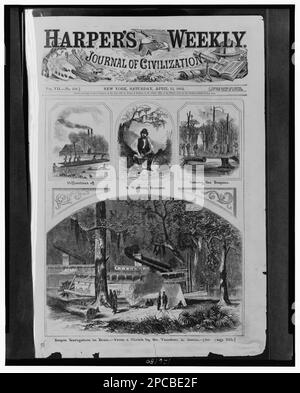 Schwierigkeiten eines arbeitenden Generals bei der Bayous Bayou Navigation in Dixie / / aus einer Skizze von Herrn Theodore R. Davis.. Illus. In: Harper's Weekly, v. 7, no 328 (1863. April 11), S. 225, DCRM(G) Example 1F1.1 - Material ohne Sammeltitel und mit einem einzigen Urheber. Bayous, Mississippi, 1860-1870, Dampfboote, Mississippi, 1860-1870, Usa, Geschichte, Bürgerkrieg, 1861-1865, Transport. Stockfoto