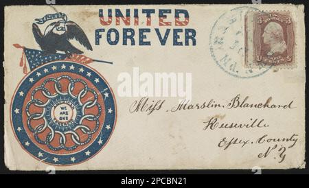 Bürgerkriegsumschlag mit Adler auf der amerikanischen Flagge und „American Congress, we are one“-Medaillon mit der Botschaft „United forever“. Titel entworfen von Bibliothekspersonal, adressiert an Miss Marslin Blanchard, Keeseville, Essex County, N. Y.; Bears 3 Cent Stamp, Gift; Tom Liljenquist; 2012; (DLC/PP-2012:127), pp/liljmem. USA, Geschichte, Bürgerkrieg, 1861-1865, Soziale Aspekte, Adler, 1860-1870, Symbole, 1860-1870, Flaggen, Amerikanisch, 1860-1870. Stockfoto