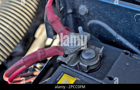 Rote Pluskabel der Fahrzeugbatterie Stockfoto