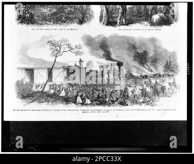 Die Invasion von Maryland--Aufnahme eines Zuges auf der Philadelphia, Wilmington und Baltimore Railroad in Magnolia, nahe Gunpowderb sic Ridge, Juli 11 / von einer Skizze unseres Spezialkünstlers... Illus. In: Frank Leslies illustrierte Zeitung, 1864. Juli 30, S. 289. USA, Geschichte, Bürgerkrieg, 1861-1865, Kampagnen und Schlachten, Eisenbahn, Maryland, 1860-1870. Stockfoto