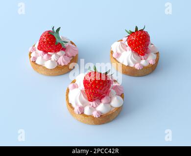 Drei Törtchen mit kleinen Baiser in Weiß und Pink, reife Erdbeeren, Draufsicht. Französisches Dessertkonzept. Süßes Dessert für Gebäck, isoliert auf Blau Stockfoto