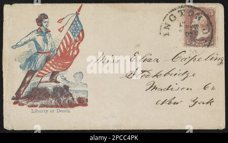 Bürgerkriegsumschlag mit Soldaten, die amerikanische Flagge halten, mit Nachricht „Freiheit oder Tod“. Titel entworfen vom Bibliothekspersonal, adressiert an Miss Eliza Capeling, Stockbridge, Madison Co, New York; Bears 3 Cent Stamp, Gift; Tom Liljenquist; 2012; (DLC/PP-2012:127), pp/liljmem. Soldaten, Union, 1860-1870, Flaggen, Amerikaner, 1860-1870, Usa, Geschichte, Bürgerkrieg, 1861-1865, Soziale Aspekte. Stockfoto