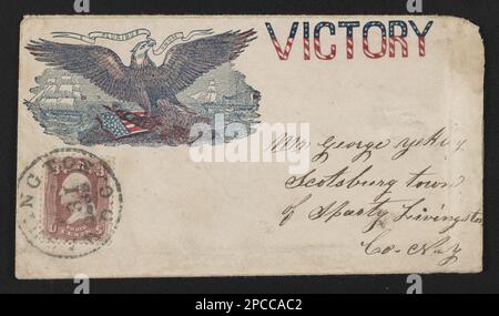 Bürgerkriegsumschlag, der Adler und Schild mit Segelboot und Dampfschiff in der Ferne zeigt und die Nachricht „Victory“ enthält. Titel entworfen von Library Staff, adressiert an Mr. George Yekley [?], Scotsburg, Town of Sparty [d. h. Sparta], Livingston Co., N.Y.; mit Poststempel: Washington, D.C. [?] 31, 1862; trägt 3 Cent Stempel, Gift; Tom Liljenquist; 2010; (DLC/PP-2010:105), pp/liljmem. USA, Geschichte, Bürgerkrieg, 1861-1865, Soziale Aspekte, Adler, 1860-1870, Shields, 1860-1870, Symbole, 1860-1870. Stockfoto