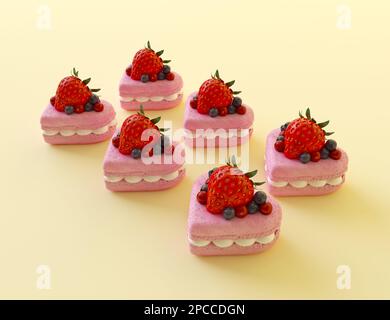 Rosafarbene Baiser in Herzform mit wilden Beeren und reifen Erdbeeren. Süßes Valentinstag-Dessert isoliert auf pastellgelbem Hintergrund. Stockfoto