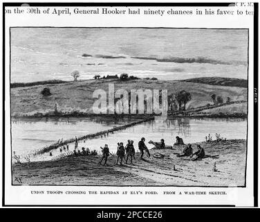 Truppen der Union überquerten den Rapidan bei Ely's Ford. Illus. In: Schlachten und Führer des Bürgerkriegs. New York : The Century Co, c1884, c1888, Vol. 3, S. 174, Referenzkopie in CHARGE 4420-F (1862). Fords (Stream Crossings), Virginia, 1860-1870, Vereinigte Staaten, Geschichte, Bürgerkrieg, 1861-1865, Kampagnen und Schlachten, Truppenbewegungen, Union, Virginia, Chancellorsville, 1860-1870, Chancellorsville, Battle of, Chancellorsville, Va, 1863. Stockfoto