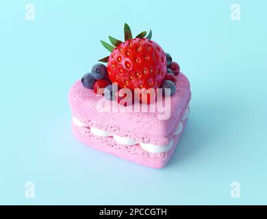 Rosafarbenes, herzförmiges Baiser mit Wildbeeren und reifen Erdbeeren. Süßes Valentinstag-Dessert isoliert auf pastellblauem Hintergrund. 3D-Rendern Stockfoto