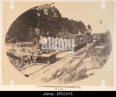 Eisenbahnmörtel in Petersburg, Virginia, 25. Juli 1864. Titel abgeschrieben von Artikel, eine weitere Kopie verarbeitet als LOS 11486, in: United States Military Rail Road Fotoalbum, Seite 86. Mörser (Ordnance), 1860-1870, Eisenbahnlokomotiven, Virginia, Petersburg, 1860-1870, Railroad trains, Virginia, Petersburg, 1860-1870, USA, Geschichte, Bürgerkrieg, 1861-1865, Ausrüstung und Zubehör, Usa, Geschichte, Bürgerkrieg, 1861-1865, Transport. Stockfoto
