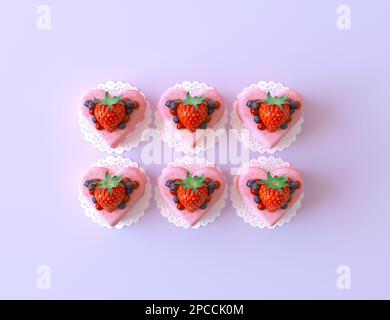 Rosafarbene Baiser in Form von Liebesherzen dekoriert mit wilden Beeren und Erdbeeren. Musteransicht von oben, sechs süße Kuchen zum Valentinstag Stockfoto