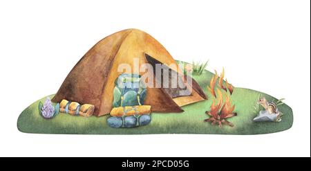 Zelte, Lagerfeuer, Stumpf mit Axt, Wald-Rucksack-Komposition. Aquarellkarte, Campingparty, handgezeichnet. Stockfoto