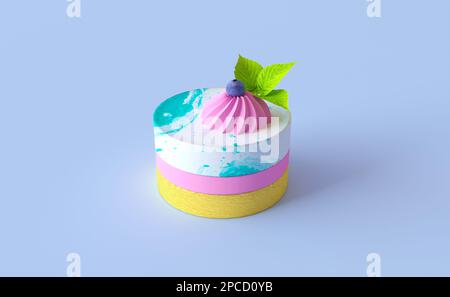 Ein kleiner Massenkuchen aus drei Schichten. Der untere Vanilleschwammelkuchen, die Beerenmitte und die Oberseite der Spiegelglasur von weiß und minzfarben. Stockfoto