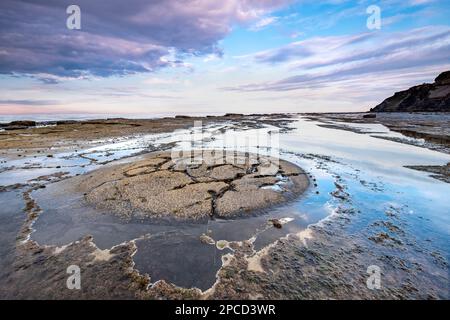 Interessante Felsformationen auf dem Schieferboden in Saltwicjk Bay, Nr Whitby an der Küste von North Yorkshire Stockfoto