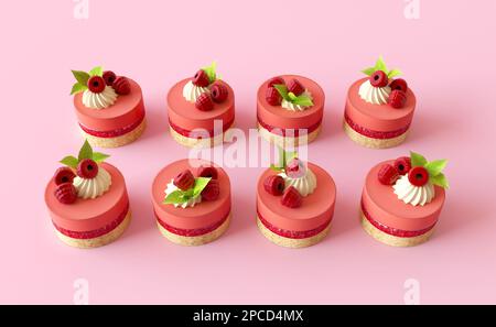 Tapete mit kleinen runden Beerenkuchen, die in einer Reihe stehen. Leckere kleine Kuchen mit Baiser und Beeren. Flacher rosafarbener Hintergrund, kreatives Muster Stockfoto