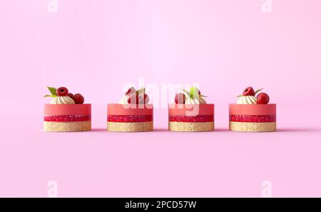 Runde kleine Cupcakes mit Zuckerbeeren und Merengue. Kleine Schimmelkuchen hintereinander, kreatives minimales Konzept für das horizontale Banner der Bäckerei Stockfoto