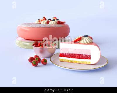 Moussekuchen mit Spiegelglasur, rosa, reifen Erdbeeren und Beeren. Ein Stück von einem köstlichen Kuchen auf einem Teller, kleine Vase mit isolierten Erdbeeren Stockfoto