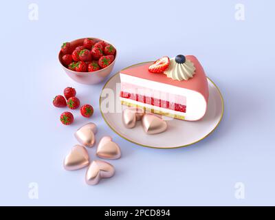 Ein Stück Kuchen mit Spiegelglasur auf dem Teller, dekoriert mit Beeren und Merengue. Herzförmige goldene Kekse, Schüssel mit frischen wilden Erdbeeren. Stockfoto
