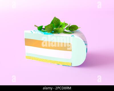 Ein Stück Kuchen mit Spiegelglasur. Pfefferminzcreme, Vanilleschwamm, Milchsoufflé und gelbe Marmelade in der Füllung. Dekoriert mit grünen Minzblättern. Stockfoto