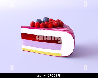 Ein Stück Kuchen mit Vanillejoghurt und Beerenmousse mit Spiegelglasur. Köstlicher Beerenkuchen mit frischen Beeren isoliert Stockfoto