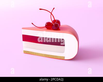 Ein dreieckiges Stück Moussekuchen mit Spiegelglasur. Rosa Glasur, Vanilleschwammelkuchen, Milchsoufflé und Kirschmarmelade in der Füllung. Stockfoto