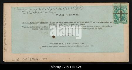 Artilleriesoldaten der Rebellen, getötet in den Schützengräben von Fort Hell, beim Sturm von Petersburgh, Virginia, 2D. April 1865 der eine im Vordergrund hat US-Gürtel an, wahrscheinlich von einem Gefangenen eines Soldaten der Union, seine Uniform ist graue, rot besetzte Stoffe. Diese Aussicht wurde am Morgen nach dem Kampf aufgenommen. Titel von Posten, entsprechende Glasnegative: LC-B811-3181B, links und LC-B811-3181A, rechts. E. & H.T. Anthony & Co. Erwarb die Negative vom Studio von Mathew Brady im Austausch für Fotozubehör, Purchase; Russell Norton; 2012; (DLC/PP-2012: 069). Konföderierte Staaten Amerikas Stockfoto