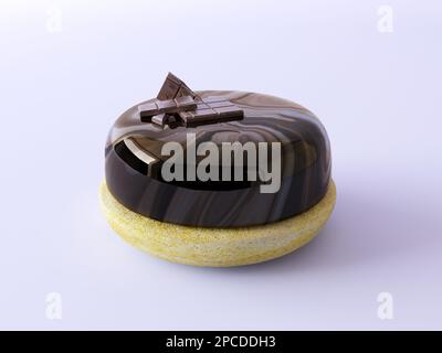 Runde, dunkle Schokoladenkuchen mit Spiegelglasur und einem zerbrochenen Schokoriegel. Köstlicher luxuriöser Kuchen, isoliert auf einem pastellfarbenen, flachen Hintergrund. Stockfoto