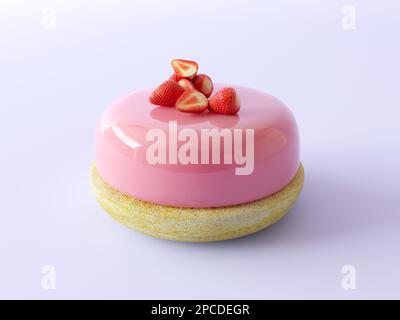 Trendiger Erdbeermousse-Kuchen mit pinkfarbener Spiegelglasur. Dekoriert mit einem frischen Stück Erdbeeren. Isoliert auf pastellfarbenem Hintergrund. Sortimentsbild Stockfoto
