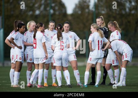 Belgrad, Serbien, 12. März 2023. Die Spieler Dänemarks reagieren während des Spiels zwischen Serbien U17 und Dänemark U17 im Sports Center of FA of Serbia - Pitch 1 in Stara Pazova, Serbien. 12. März 2023. Kredit: Nikola Krstic/Alamy Stockfoto