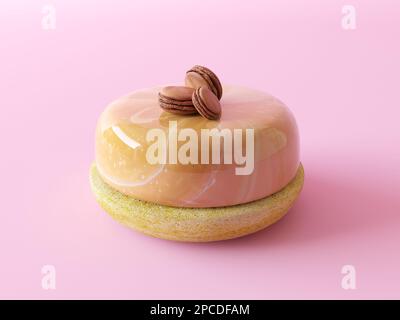 Runder Karamellkuchen mit Spiegelglasur auf einem Holzständer, dekoriert mit Karamellmakronen. Köstlicher Karamellkuchen, isoliert auf pastellrosa Stockfoto