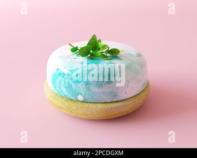 Trendiger Minzmousse-Kuchen mit weißen und blauen Wellen und Spiegelglasur. Dekoriert mit Minzblättern. Isoliert auf pastellfarbenem Hintergrund. Stockfoto