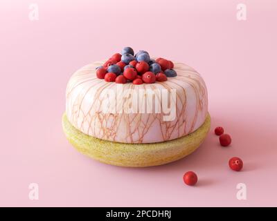 Runder Kuchen mit Spiegelglasur und Streuseln auf einem Holzständer. Köstlicher Beerenkuchen isoliert auf pastellrosa Hintergrund. 3D-Darstellung rendern. Stockfoto