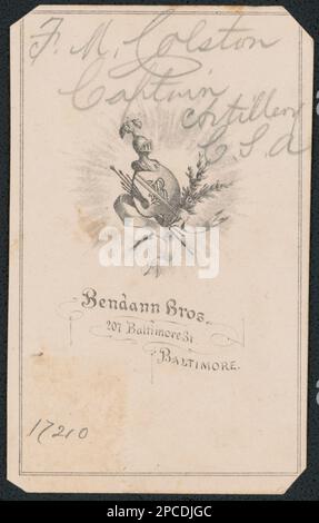 Captain Frederick Morgan Colston, Artillerieoffizier für Ordnance Department, Konföderiertenregiment in Uniform mit Schwert / Bendann, Baltimore; Bendann Bros., 207 Baltimore St., Baltimore.. Liljenquist Family Sammlung von Bürgerkriegsfotos, pp/liljpaper. Colston, Fredrick Morgan, 1835-1922, Konföderierte Staaten von Amerika, Armee, Menschen, 1860-1870, Soldaten, Konföderat, 1860-1870, Militäruniformen, Konföderat, 1860-1870, Daggers & Swords, 1860-1870, USA, Geschichte, Bürgerkrieg, 1861-1865, Militärpersonal, Konföderierte. Stockfoto