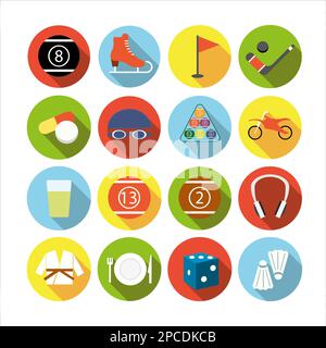 Kollektion von Ikonen mit verschiedenen Sportarten und gesundem Essen in flachem Design mit Schatten Stockfoto