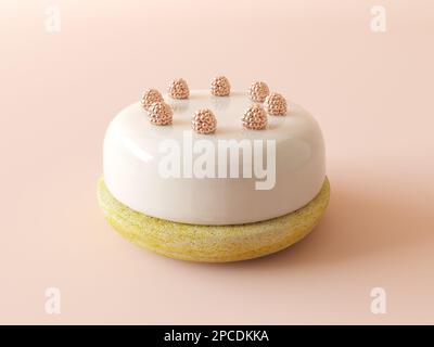Runde Bento-Torte mit milchiger Spiegelglasur und goldener Himbeere auf einem Holzständer. Köstlicher Vanillekuchen isoliert auf pastellorangefarbenem Hintergrund. Stockfoto