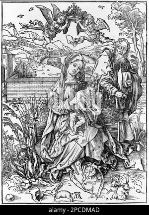 Heiliger Abdruck der HEILIGEN FAMILIE mit MADONNA ( Vergin Mary ), Kind Jesus Christus ( Gesu' Cristo bambino ) , Heiliger Josef ( San Giuseppe ) und Engel ( Angeli ). Gravur von Albrecht DURER ( 1471 - 1528 ) - SACRA FAMIGLIA - IMMAGINE SACRA - POPOLARE - RELIGIONE - VERGINE MARIA - RELIGIONE CATTOLICA - KATHOLISCHE RELIGION - Porträt - Rituto - illustrazione - Incisione - Garten - Giardino - Engel - angeli - angelo --- Archivio GBB Stockfoto