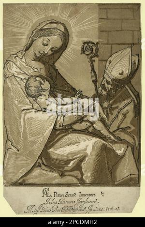 1591 , Siena , ITALIEN : die Jungfrau Maria , das Kind und ein Bischof . Der Holzschnitt des Chiaroscuro zeigt Madonna und das Kind mit dem Bischof, der neben ihnen kniet. Von einem Gemälde des italienischen Künstlers Alessandro Casolani (Siena, Ca. 1552 - 1607 ), eingraviert von Andrea Andreani (Mantova Ca. 1560 - 1623 ) - MADONNA - ARTS - ARTE - RINASCIMENTO - RENAISSANCE - GESU' CRISTO BAMBINO - IMMAGINE SACRA - POPOLARE - VERGINE MARIA - RELIGIONE CATTOLICA - KATHOLISCHE RELIGION - PORTRAIT - RITUTO - ILLUSTRAZIONE - INCISIONE - VESCOVO - ARTS - ARTE - GBB- ARCHIVIO Stockfoto