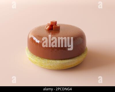 Trendiger Karamell-Mousse-Kuchen mit karamellfarbener Spiegelglasur. Dekoriert mit Karamellbonbons. Isoliert auf pastellfarbenem Hintergrund. Sortimentsbild für Restaurant Stockfoto