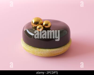 Runde Bento-Torte mit Spiegelglasur aus Schokolade und goldener Einrichtung auf einem Holzständer. Köstlicher Schokoladenkuchen isoliert auf pastellrosa Hintergrund. Stockfoto