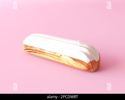 Klassisches Eclair mit weißer Vanillenglasur isoliert auf pastellfarbenem Hintergrund. Auswahl an traditionellem französischem Dessert. Stockfoto