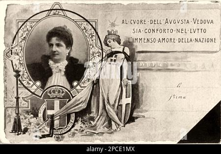 1900 , august , ITALIEN : Italienische Königin MARGHERITA di SAVOIA ( 1851 - 1926 ) , Ehefrau und Cousine des italienischen Königs Umberto I ( 1844 - 1900 ) , Mutter von König Vittorio Emanuele III ( 1869 - 1947 ) . Postkarte von " Condoglianza " , die vom Volk nach der Ermordung von König Umberto I in Monza ( Mailand ) am 29 . juli 1900 durch den Anarchisten Gaetano Bresci an Königin Margherita geschickt wurde . - CASA SAVOIA - ITALIA - REALI - NOBILTÀ ITALIANA - SAVOY - ADEL - ADEL - GESCHICHTE - FOTO STORICHE - CARTOLINA DI CORDOGLIO E LUTTO - CONDOGLIANZE - REGICIDIO - SAVOJA - PORTRAIT - RITRATTTO --- ARCHIVIO GB Stockfoto