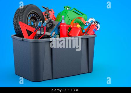 Schwarzer Kunststoffkasten mit Werkzeugen, Ausrüstung und Zubehör für das Auto. 3D-Rendering auf blauem Hintergrund isoliert Stockfoto