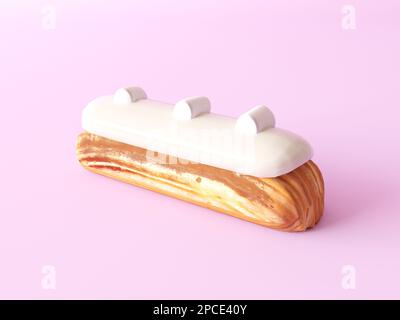 Eclair mit Pudding und weißer Schokolade und Marshmallows isoliert auf pastellfarbenem Hintergrund. Auswahl an traditionellem französischem Dessert Stockfoto