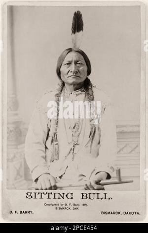 1885 : der indische Hunkpapa Lakota Sioux SIOUX-CHEFSTIER ( 1831 Ca - 1890 ) mit einem Kalumet . Foto von D.F. BARRY , Bismarck , Dakota , USA - Buffalo Bill 's Wild West Show - Tatanka Lyotake - Epopea del Selvaggio WEST - INDIANO D' AMERICA - Indiani - TORO SEDUTO - Piuma - Feder - Treccie - PORTRAIT - RITRATTO - GESCHICHTE - FOTOSTORICHE -- - Archivio GBB Stockfoto
